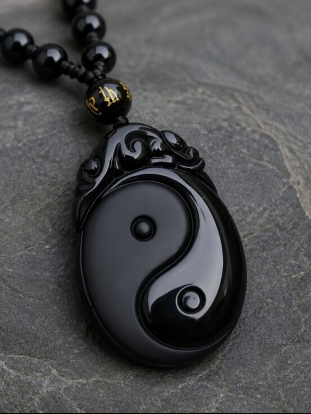 Natural Black Obsidian Carved Yin And Yang Bagua Necklace
